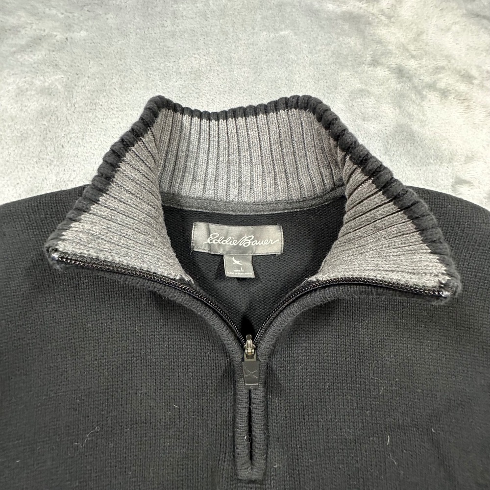 Eddie Bauer Mens Quarter Zip Sweater Black Gray Colorblock Cotton Large 13403595 - Picture 8 of 10